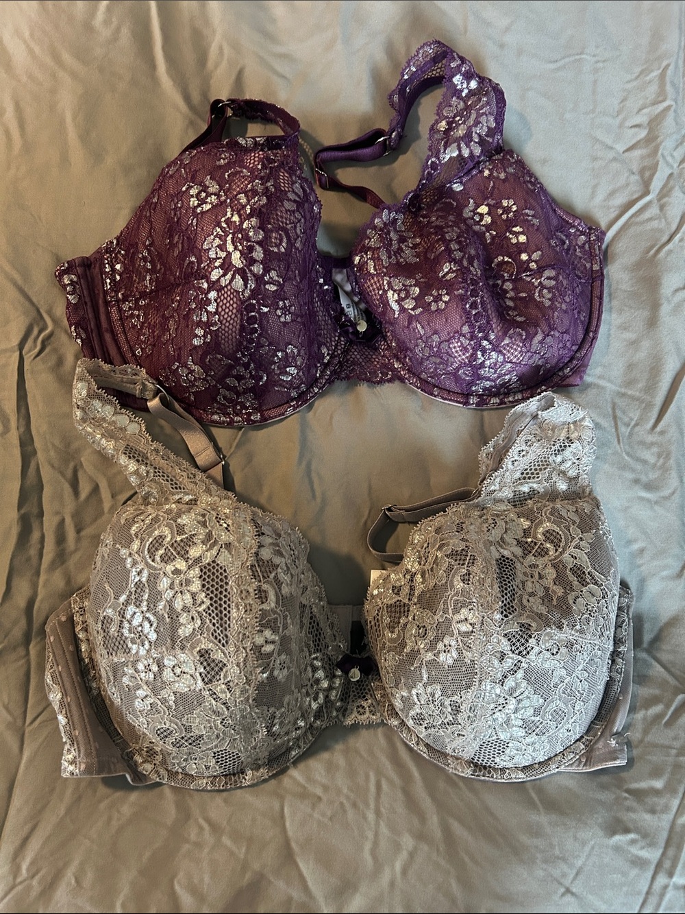 Adore Me Lace Underwire Bras in Purple and Grey. Set of two